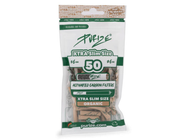PURIZE® Xtra Slim Size Aktivkohlefilter 6mm | 50er Packung | Organic