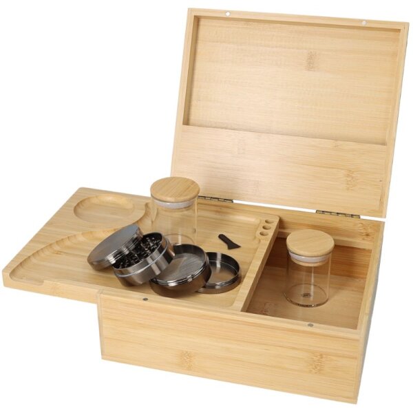 Stash Box Aufbewahrungsbox aus Holz groß + Grinder + 2 x Glasbehälter
